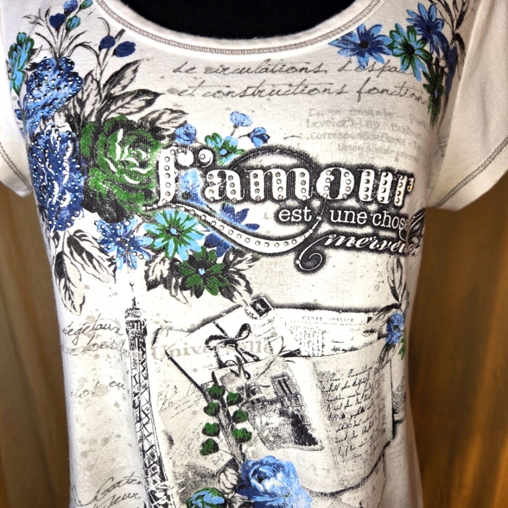 ✨️UPDATED✨️ VTG Y2K Blue Canyon Paris Graphic Tee Rhinestone Eiffel Tower Top M - Picture 3 of 15
